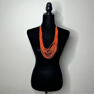 Orange Beaded Layered Necklace Long Beads Statement Jewelry Multi Strand Layers